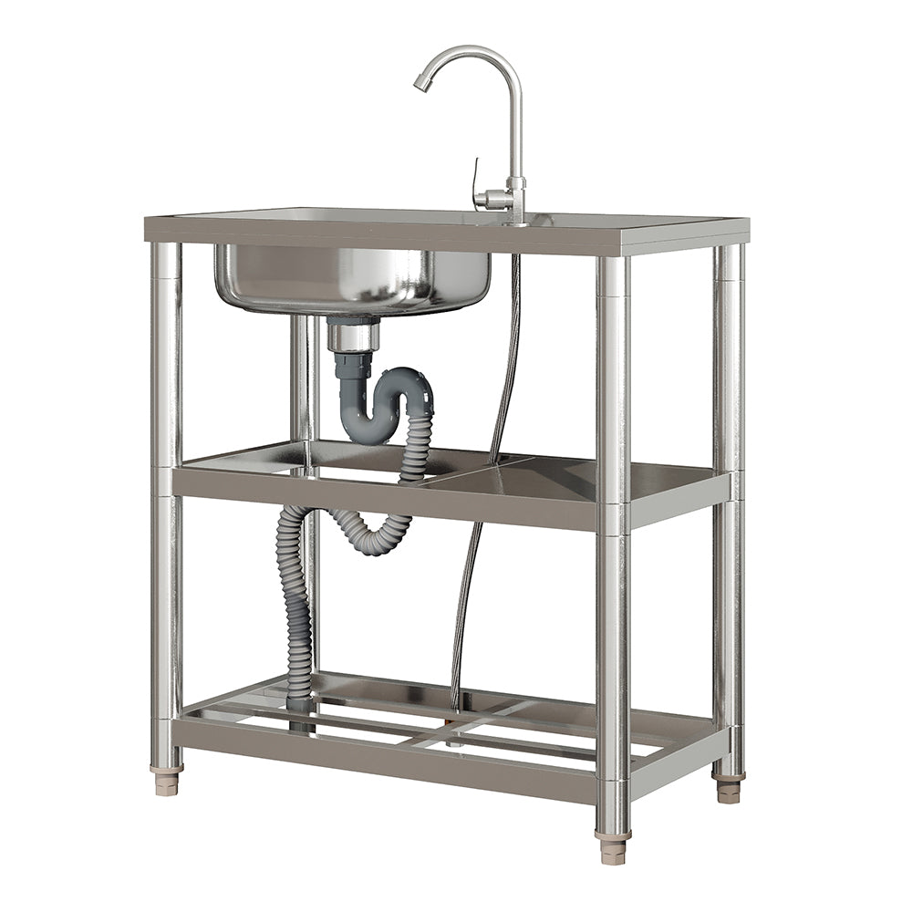 Stainless Steel One Compartment Sink with Shelves and Drainboard