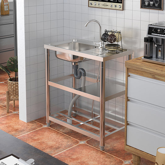 Stainless Steel One Compartment Sink with Shelves and Drainboard