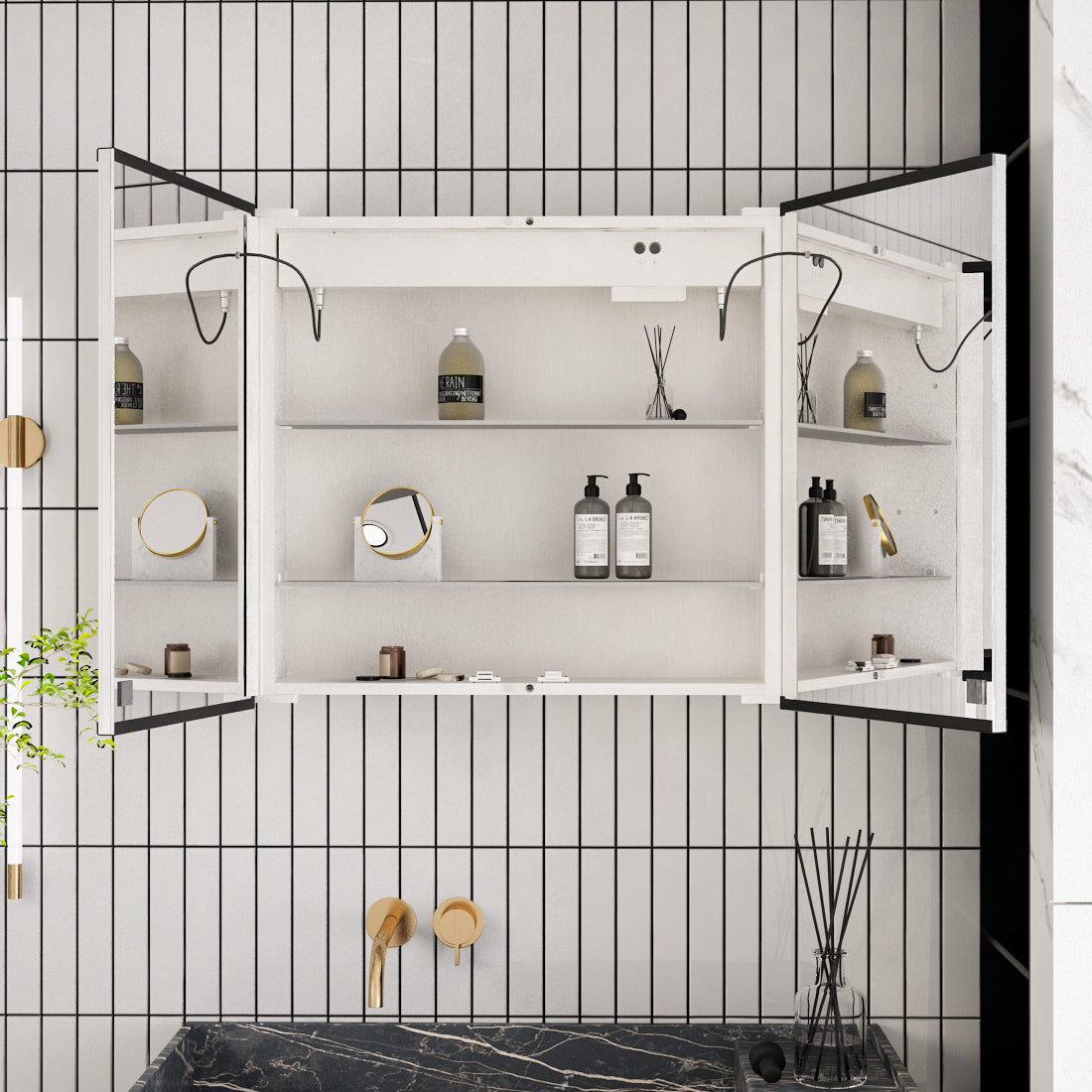 Modern Black Surface Mount LED Mirror Cabinet with Double-Sided Door