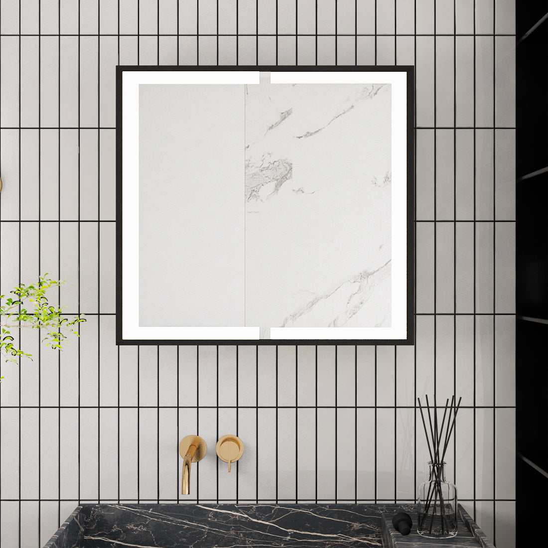 Modern Black Surface Mount LED Mirror Cabinet with Double-Sided Door