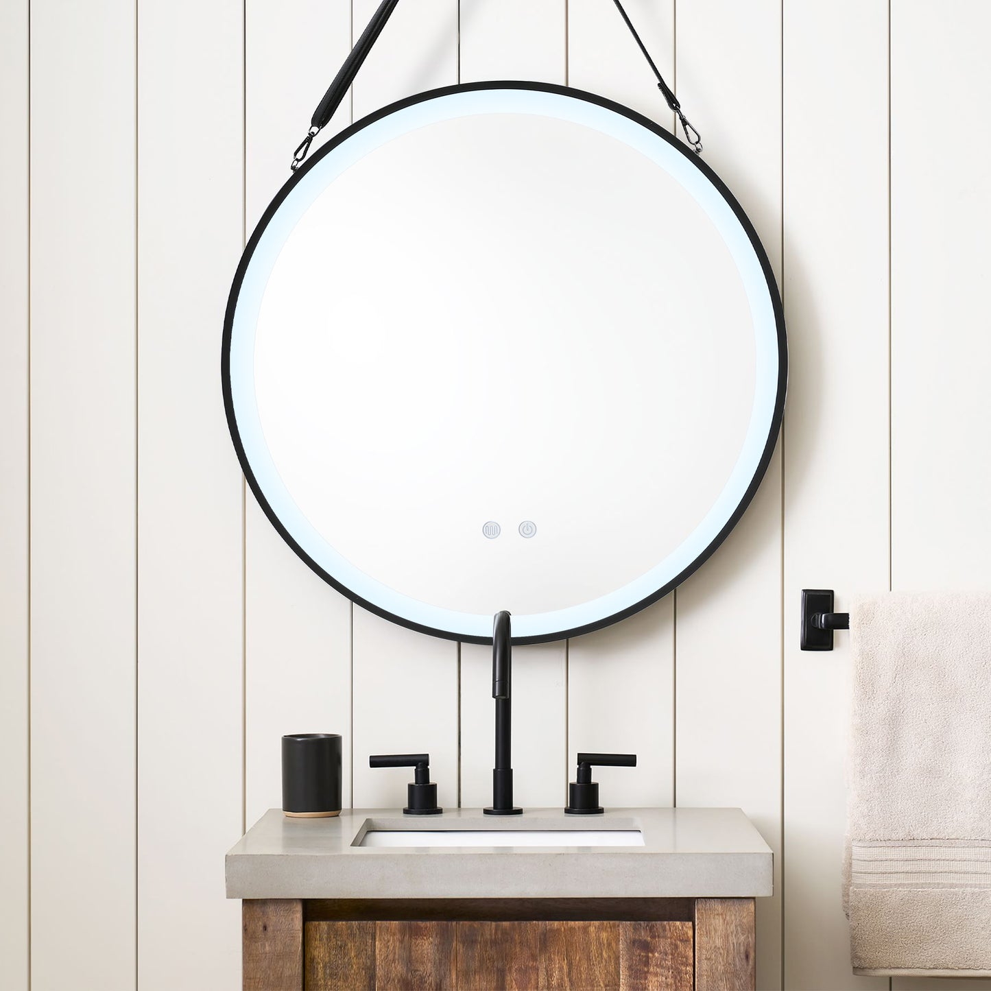 Round Metal LED Mirror with Hanging Strap