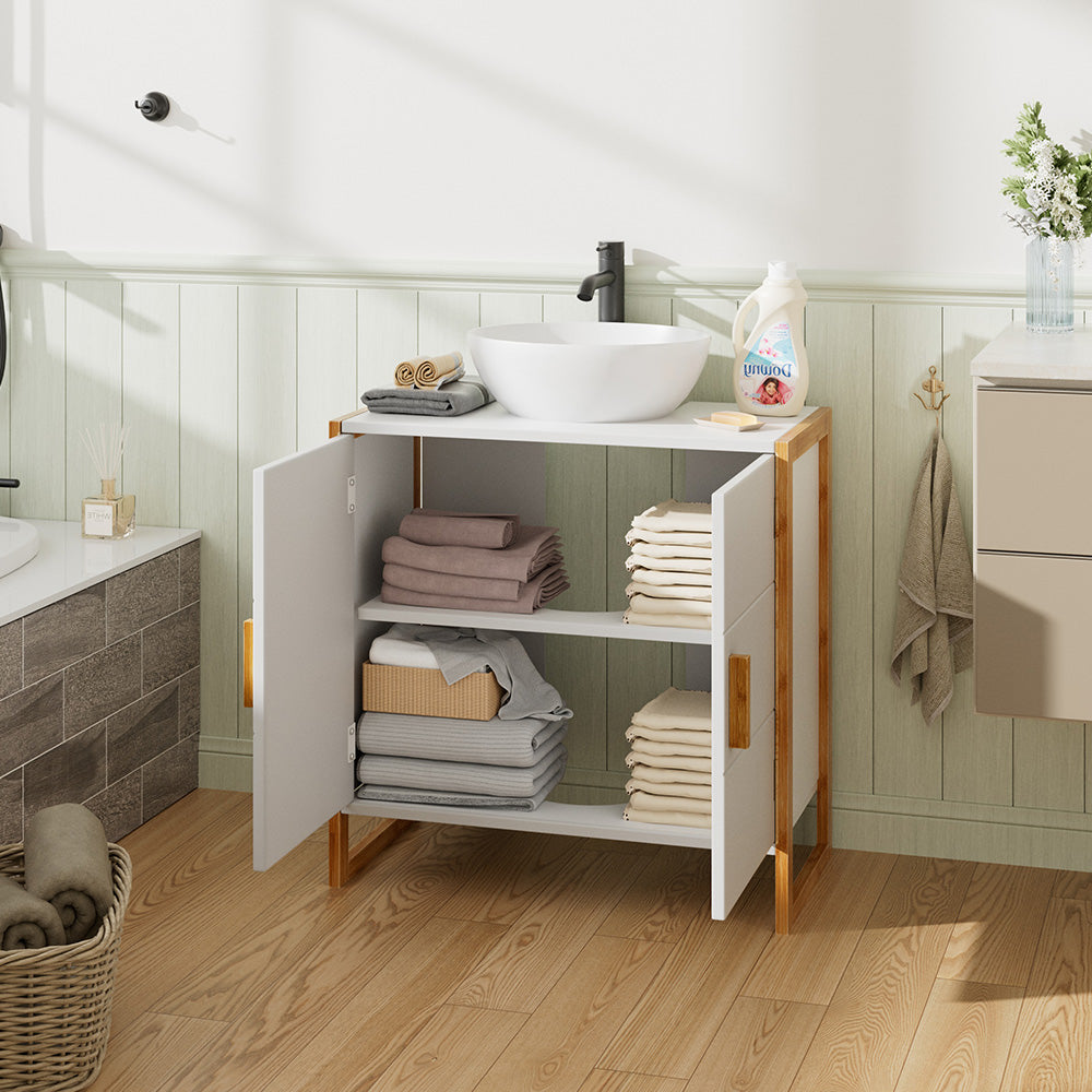 60x30x60cm Dual-door Under Sink Cabinet Bamboo Framed